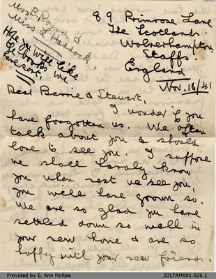 Letter, Beatie Round and Lily Haddock to Barry and Stewart Jones, 16 November 1941