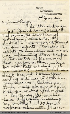 Letter, Margaret Jones to Barry and Stewart Jones, 2 December 1941