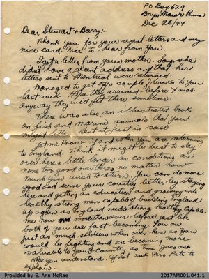 Letter, T. E. (Ted) Arnold to Stewart and Barry Jones, 26 December 1944