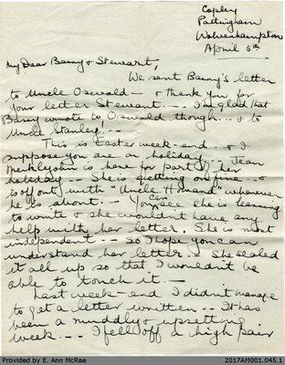 Letter, Margaret Jones [enclosed letter Joan Merklejohn] to Barry and Stewart Jones, 5 April 1942