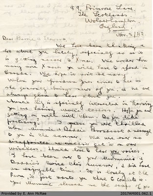 Letter, Aunt Beatie and Aunt Lily to Barry and Stewart Jones, 3 November 1943