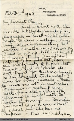 Letter, Margaret Jones to Barry and Stewart Jones, 3 February 1943