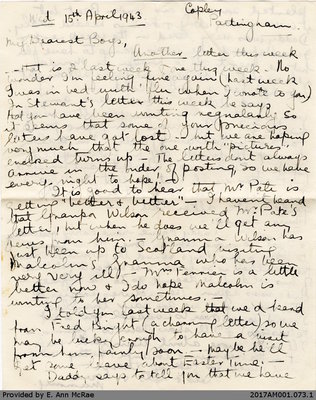 Letter, Margaret Jones to Barry and Stewart Jones, 15 April 1943