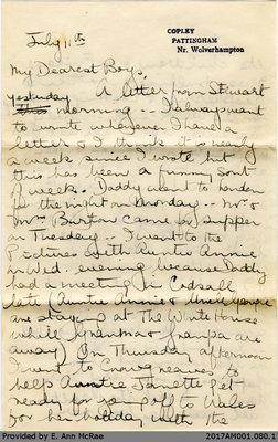 Letter, Margaret Jones to Barry and Stewart Jones, 11 July 1943