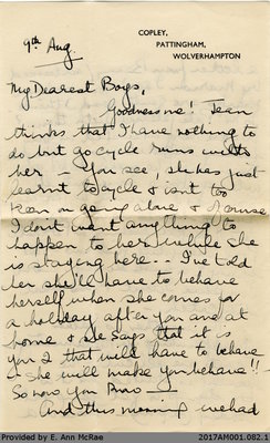 Letter, Margaret Jones to Barry and Stewart Jones, 9 August 1943