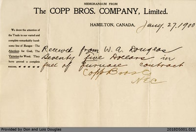 Receipt From Copp Brothers Company to William A. Douglas