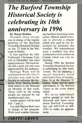 The Burford Township Historical Society is celebrating its 10th anniversary in 1996