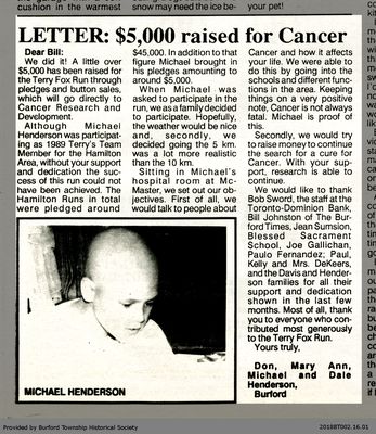 Letter: $5,000 raised for Cancer