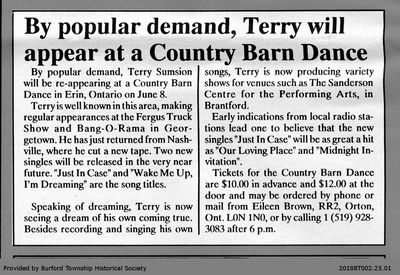 By popular demand, Terry will appear at a Country Barn Dance