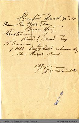 Letter George Foster and Sons from Richard F. Meredith