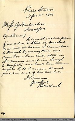 Letter to George Foster and Sons from Thomas McCosh