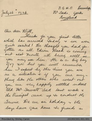 Letter to William Clarke from Sister Nancie of National Children's Home and Orphanage