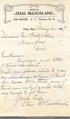 Letter to George Foster and Sons from Charles McCausland