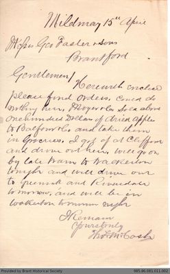 Letter to George Foster and Sons from Thomas McCosh