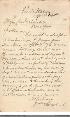 Letter to George Foster and Sons from Thomas McCosh