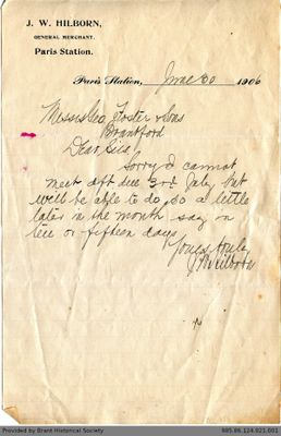 Letter to George Foster and Sons from J.W. Hilborn