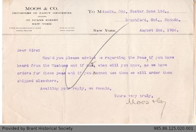 Letter to George Foster and Sons from Moos & Co