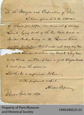 Letter From Hiram Capron Protesting the Lack of a Wagon Road