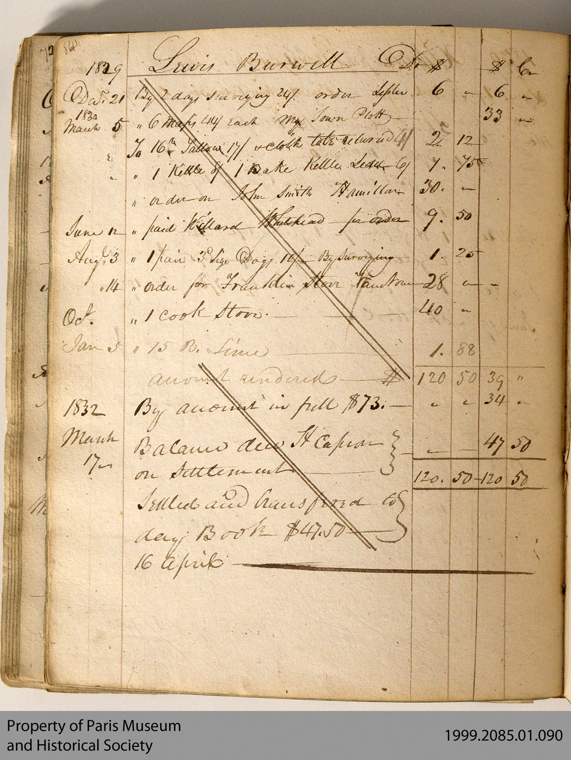 Page 84 from Hiram Capron's 1828-1831 account book, detailing work with Lewis Burwell