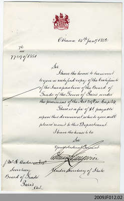 Letter Accompanying Certificate of Association for Paris Board of Trade, 1881