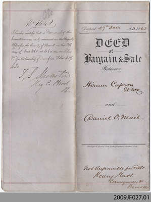 Land Indenture between Hiram Capron and Daniel O'Neail, 1865