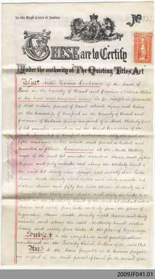 1911 Certificate of Title for Nellie Louisa Cochrane, Burford, under &quot;Quieting Titles Act&quot;