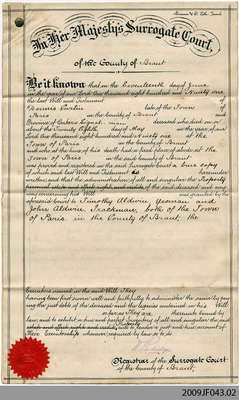 Probate of the Last Will and Testament of Dennis Curtin, Paris, 1891