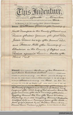 Land Indenture between William Deans and Thomas Hill, South Dumfries, 1873