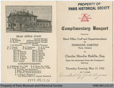 Penmans Retirement Banquet Card for Charles Moodie Heddle, 1920