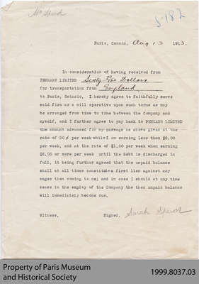 Penmans Immigration Fare Repayment Agreement for Sarah Speed, 1913