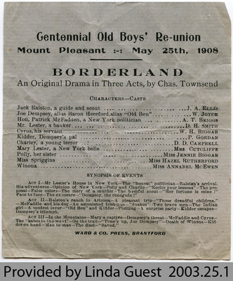 Playbill for &quot;Borderland,&quot; performed at Mount Pleasant Centennial Old Boys' Reunion, 1908