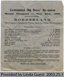 Playbill for "Borderland," performed at Mount Pleasant Centennial Old Boys' Reunion, 1908