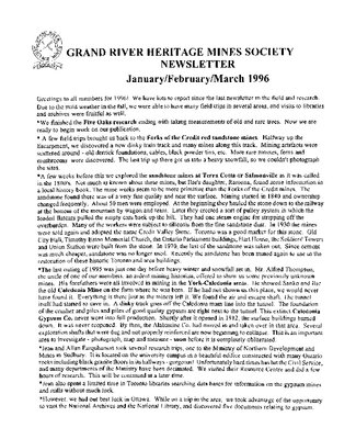 Grand River Heritage Mines Society Newsletter, January/February/March, 1996