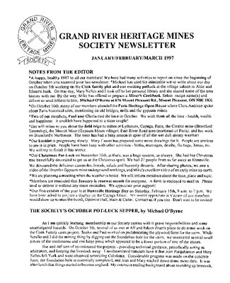 Grand River Heritage Mines Society Newsletter, January/February/March, 1997