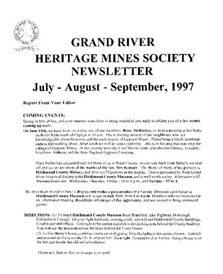 Grand River Heritage Mines Society Newsletter, July/August/September, 1997