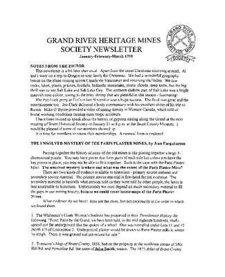 Grand River Heritage Mines Society Newsletter, January/February/March, 1998