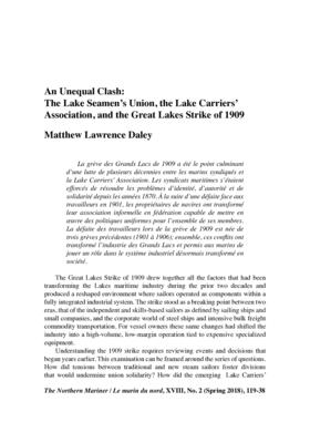 An Unequal Clash: The Lake Seamen’s Union, the Lake Carriers’ Association, and the Great Lakes Strike of 1909