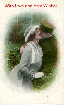 Valentines day postcard of soldier kissing a girl