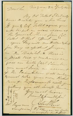 Assistant Surgeon Appointment: Letter from Dr Robert Kerr to Dr Cyrus Sumner- July 22, 1814