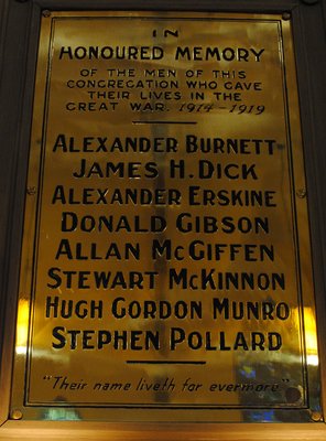 &quot;In Honoured memory of the men of this congregation who gave their lives in the Great War, 1914-1919&quot;: plaque in Knox Presbyterian Church, Oakville.