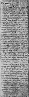 Newsclipping: Passing of John MacDonald.