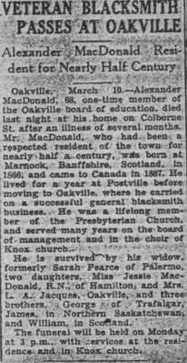 News clipping: Veteran blacksmith passes at Oakville: Alexander MacDonald resident for nearly half century.