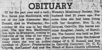 News clipping: Obituary for Sarah Ann MacDonald, 1955.