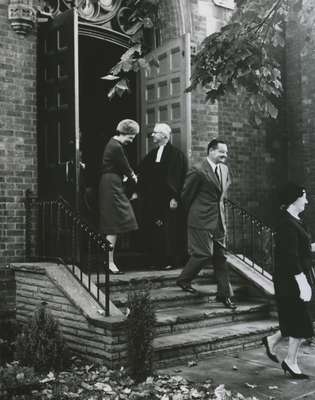 People leaving church, Knox Presbyterian Church, Oakville.