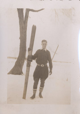 Richard Senecal Holding Homemade Skis