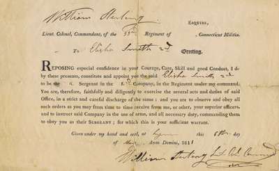 Military Warrant for Elisha Smith, 33rd Regiment of the Connecticut Militia- 1811