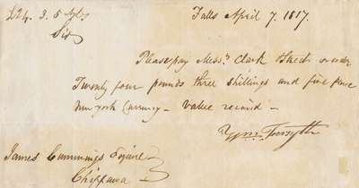 Promissory Note Between William Forsyth and James Cummings- 1817