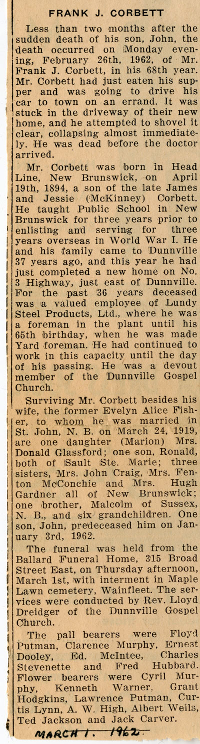 Frank Corbett,  Obituary