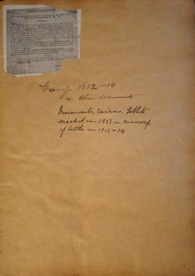 Scrapbook- War of 1812-14 and other Documents, Monuments, Cairns, tablets erected in 1923 in memory of battles in 1912-1914