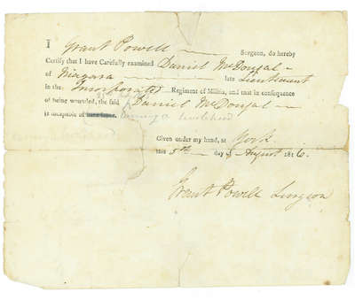 Medical Affidavit from Grant Powell, Surgeon, concerning Daniel McDougal- 1816